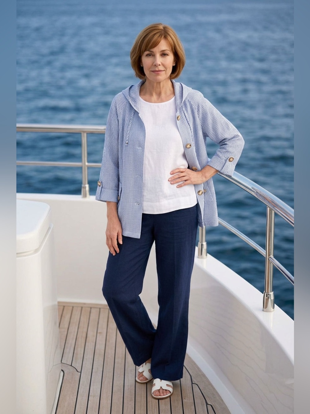 Sigrid Olsen Blue White Pinstripe Hooded Hi/Low Hem Size S